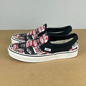 Vans Classic Slip On Logo Print Sneakers Womens 8 Black Red White Casual